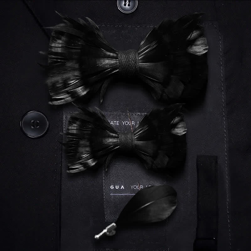 Solid Black Feather Bow Tie with Lapel Pin - Parent-Child Set - image 4