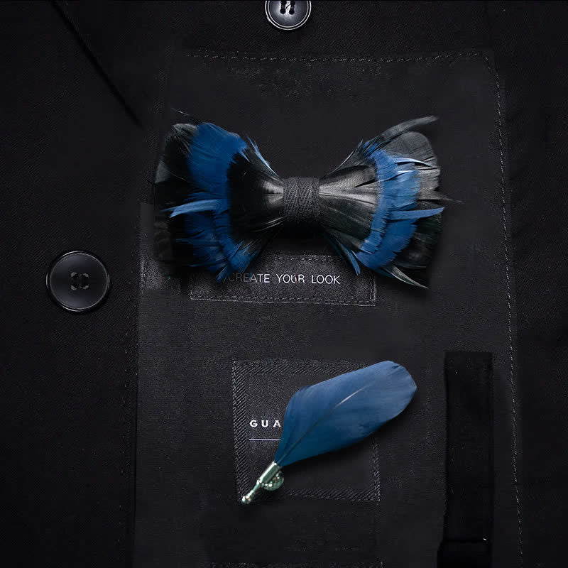 MidnightBlue & Black Feather Bow Tie with Lapel Pin - Kid - image 3