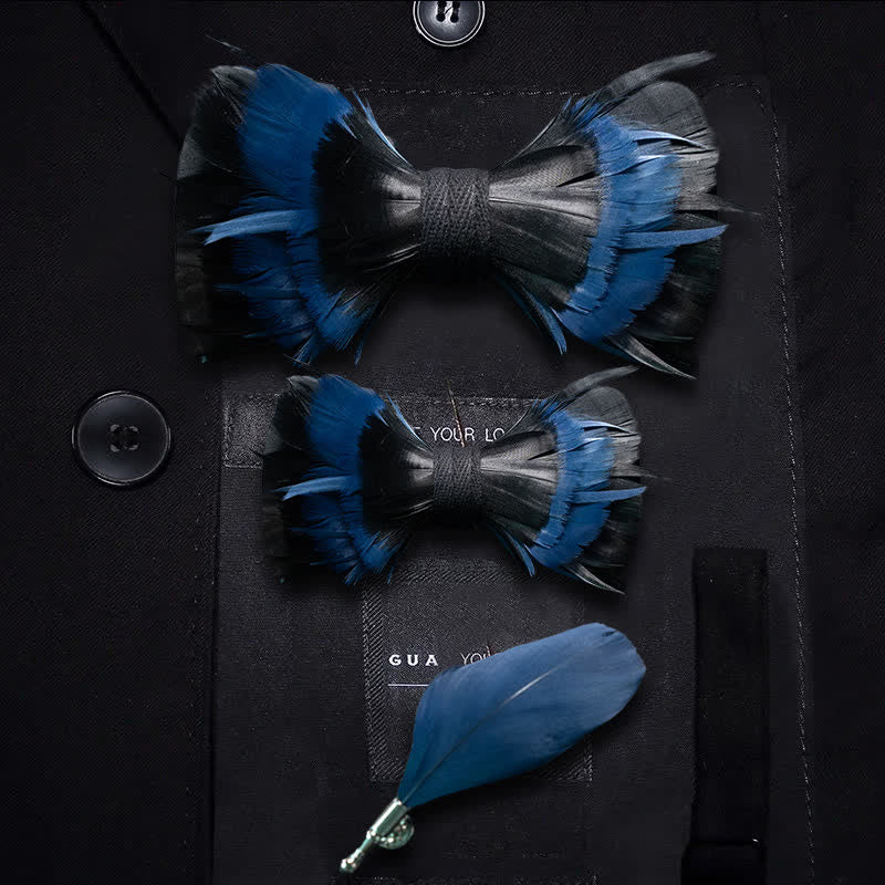 MidnightBlue & Black Feather Bow Tie with Lapel Pin - Parent-Child Set - image 4