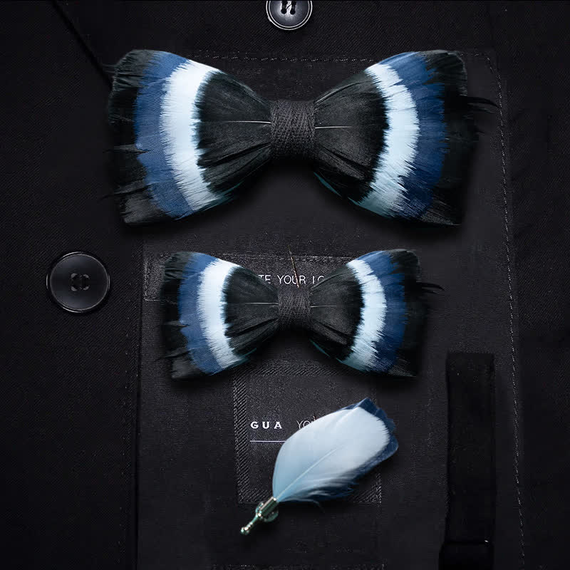 Black & Shade of Blue Feather Bow Tie with Lapel Pin - Parent-Child Set - image 4