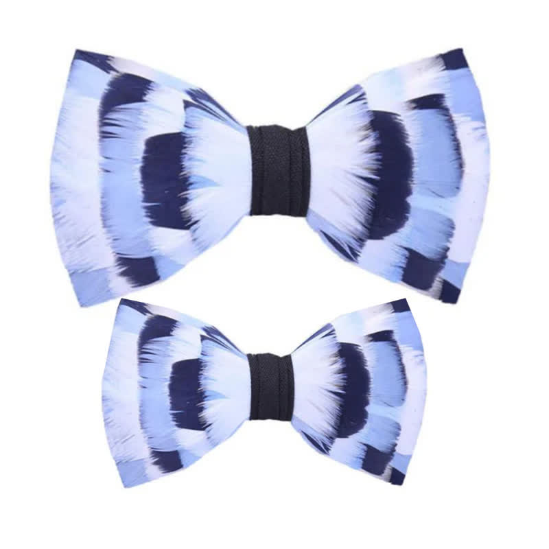 Blue & White Checkerboard Feather Bow Tie with Lapel Pin - Parent-Child Set - image 6