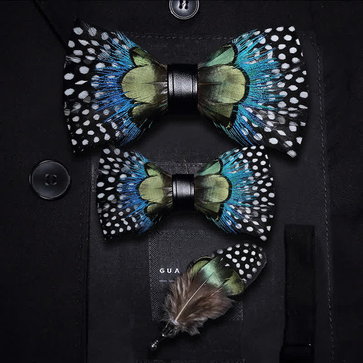Green & Blue Polka Dots Feather Bow Tie with Lapel Pin - Parent-Child Set - image 7
