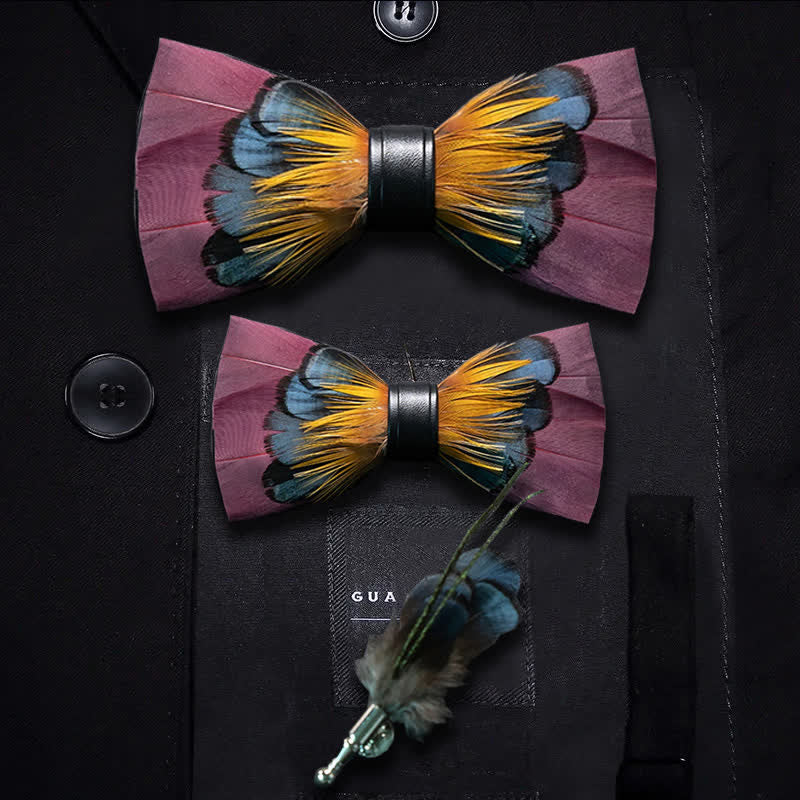Pink & Orange Symmetrical Feather Bow Tie with Lapel Pin - Parent-Child Set - image 5