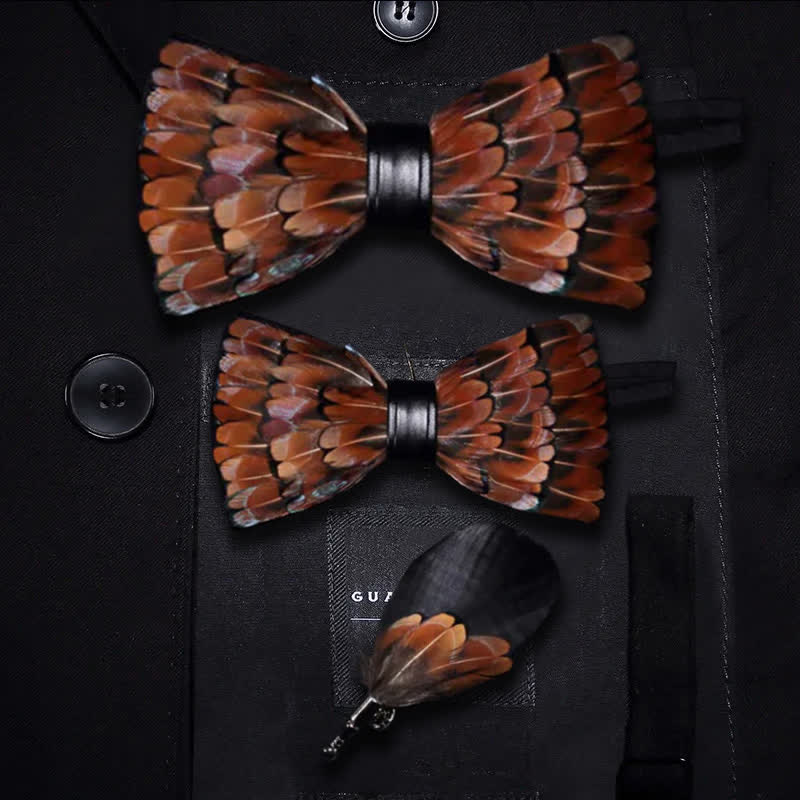 Brown & Black Trim Feather Bow Tie with Lapel Pin - Parent-Child Set - image 5