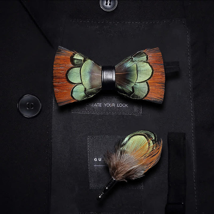 Lightgreen & Brown Feather Bow Tie - Kid - image 4