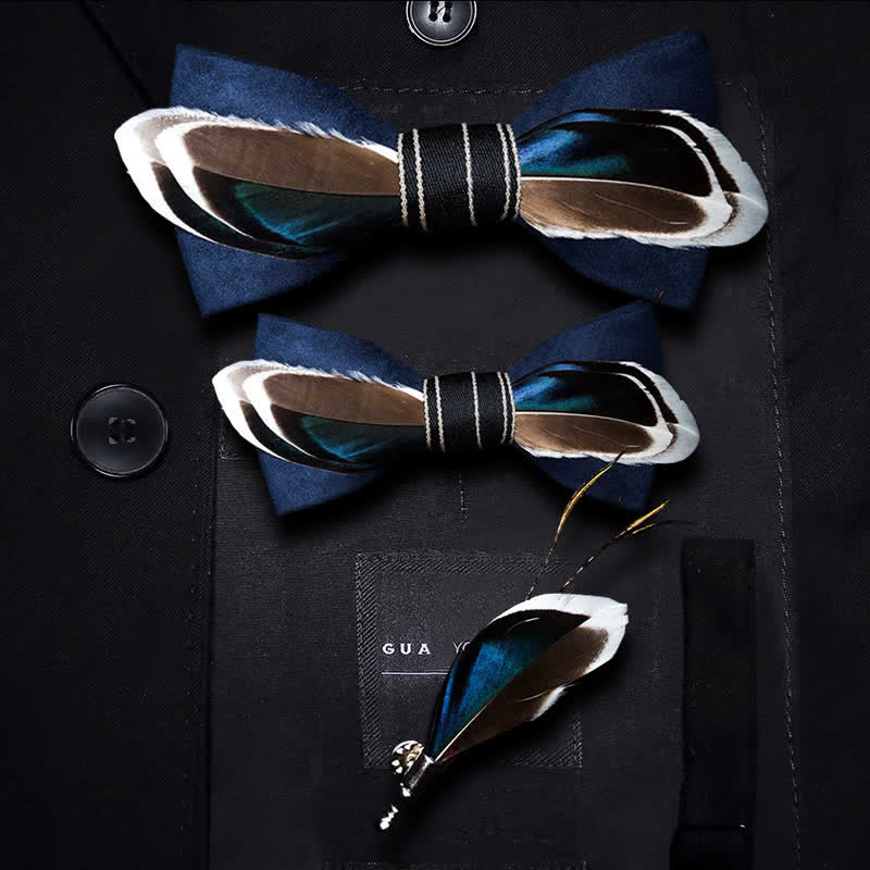 Navy Blue & Brown Vintage Feather Bow Tie with Lapel Pin - Parent-Child Set - image 5
