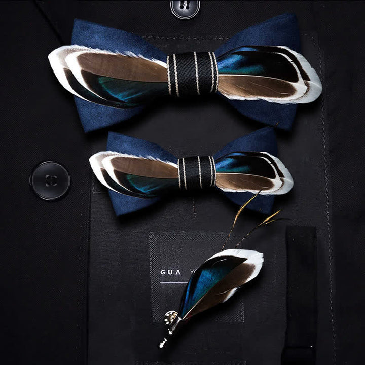 Navy Blue & Brown Vintage Feather Bow Tie with Lapel Pin - Parent-Child Set - image 5