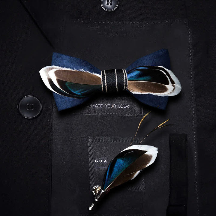 Navy Blue & Brown Vintage Feather Bow Tie with Lapel Pin - Kid - image 4