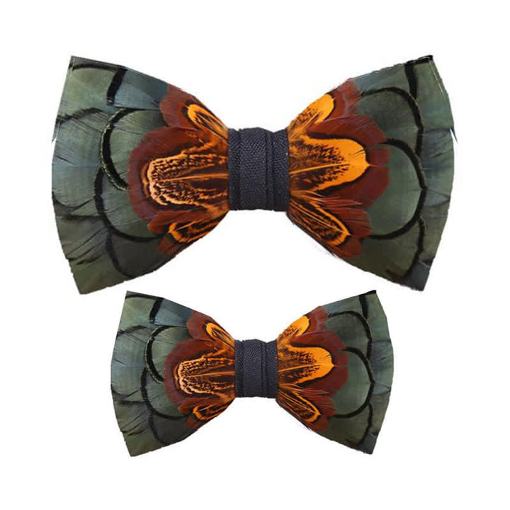 DarkSeaGreen & Rust Feather Bow Tie with Lapel Pin - Parent-Child Set - image 3