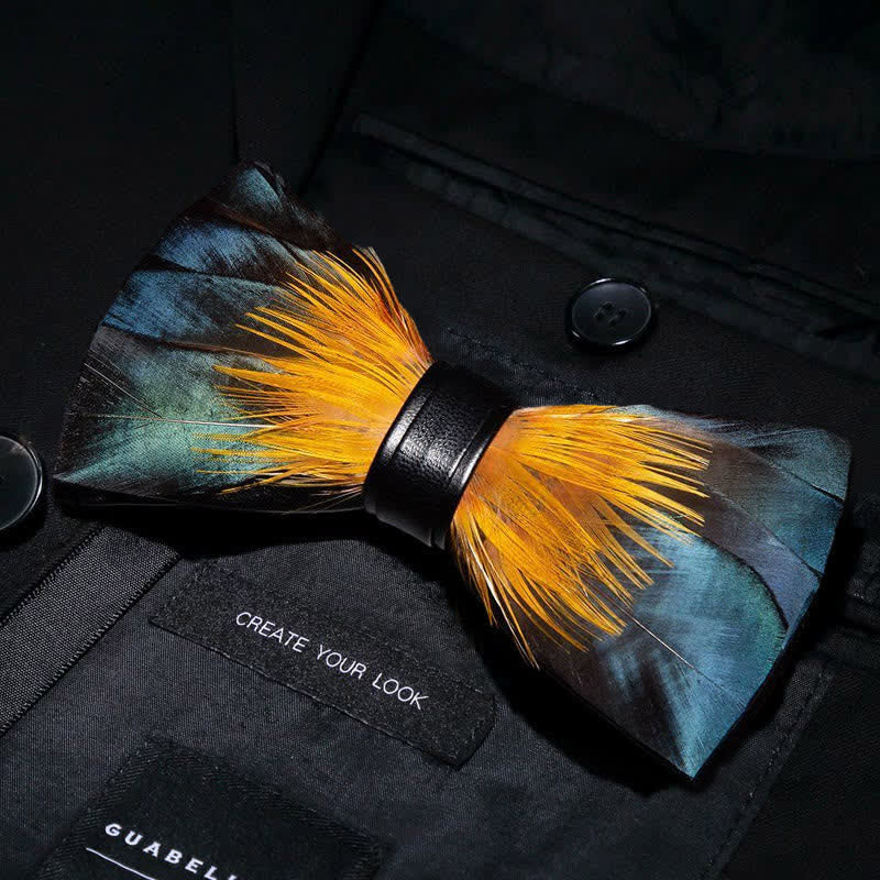 ForestGreen & Yellow Kingfisher Feather Bow Tie with Lapel Pin - image 1