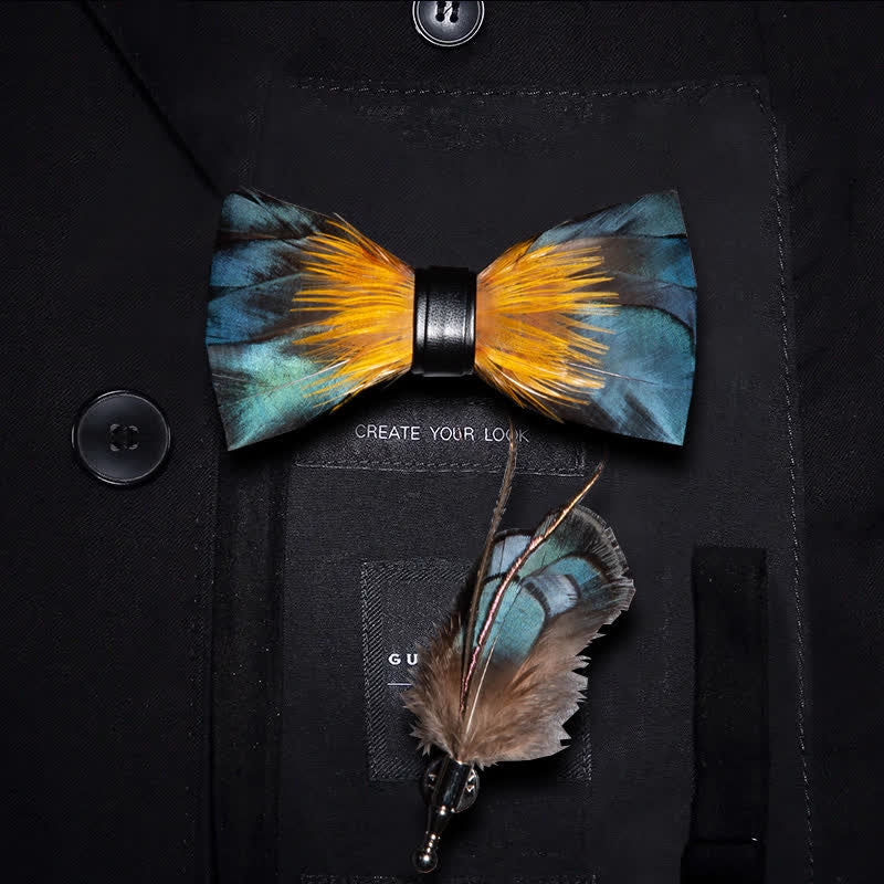 ForestGreen & Yellow Kingfisher Feather Bow Tie with Lapel Pin - Kid - image 6