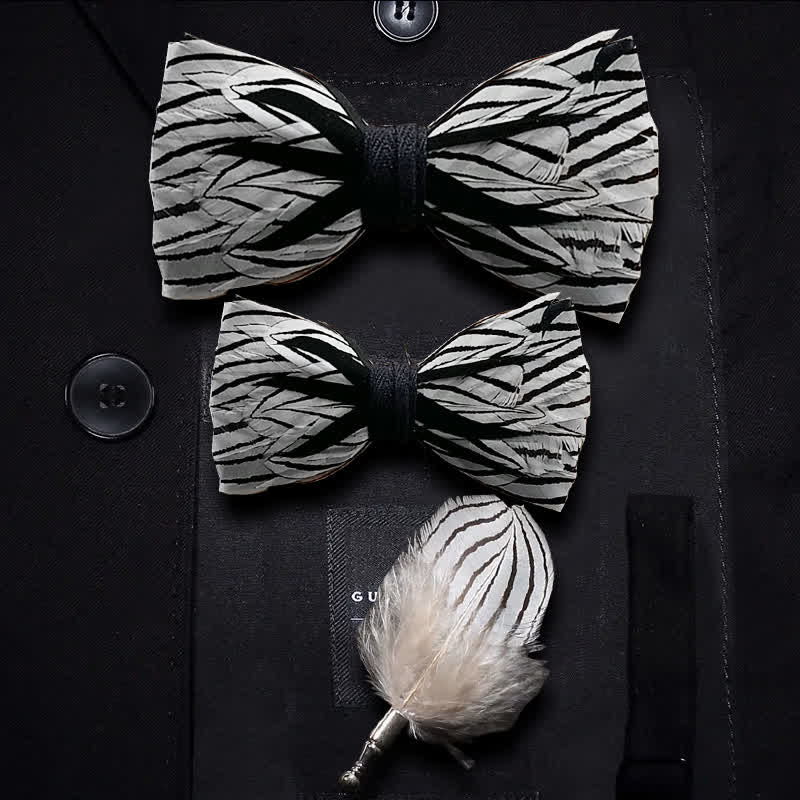 Black & White Zebra Stripe Feather Bow Tie with Lapel Pin - Parent-Child Set - image 5