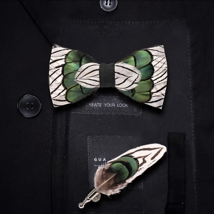 Green & White Forest Feather Bow Tie with Lapel Pin - Kid - image 3