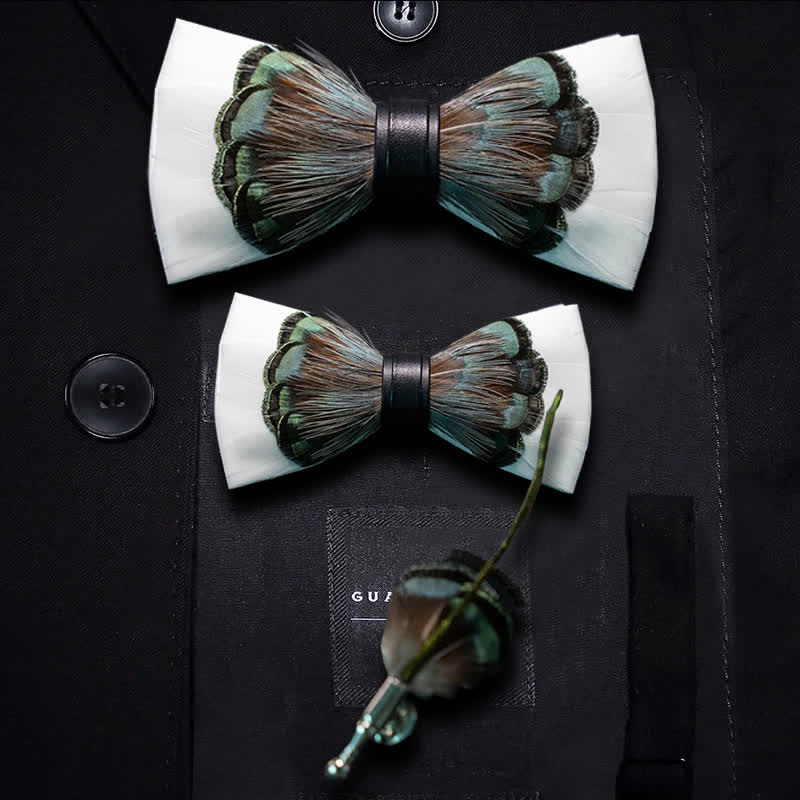 White & Emerald Green Feather Bow Tie with Lapel Pin - Parent-Child Set - image 4