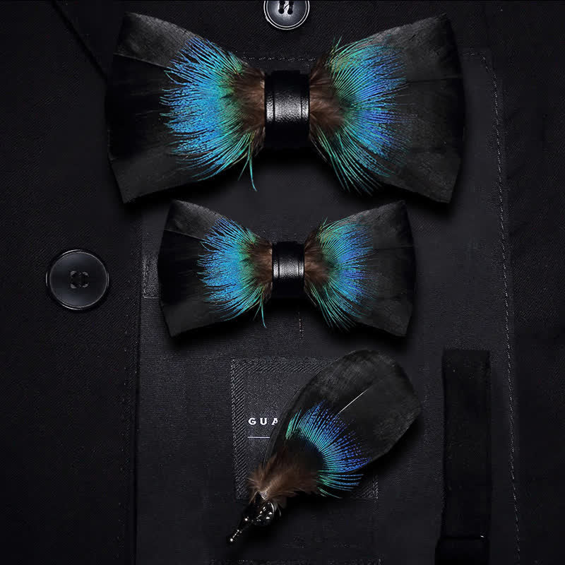 Black & Blue Versatile Feather Bow Tie with Lapel Pin - Parent-Child Set - image 4
