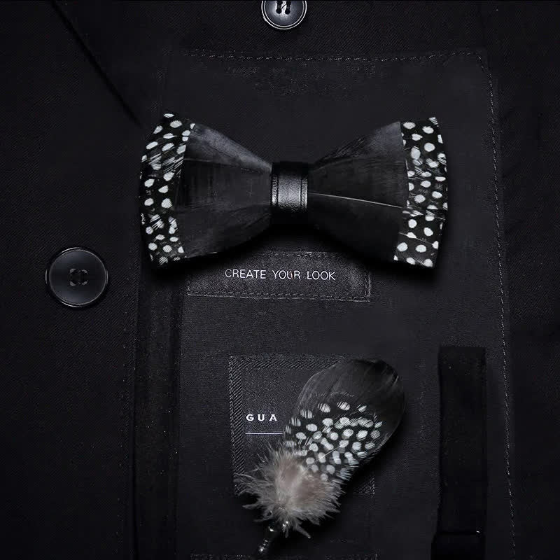 Black Polka-dotted Feather Bow Tie with Lapel Pin - Kid - image 5
