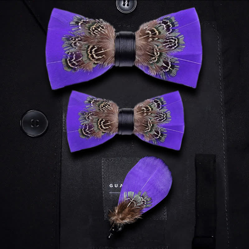 Graceful Purple Pheasant Feather Bow Tie with Lapel Pin - Parent-Child Set - image 3