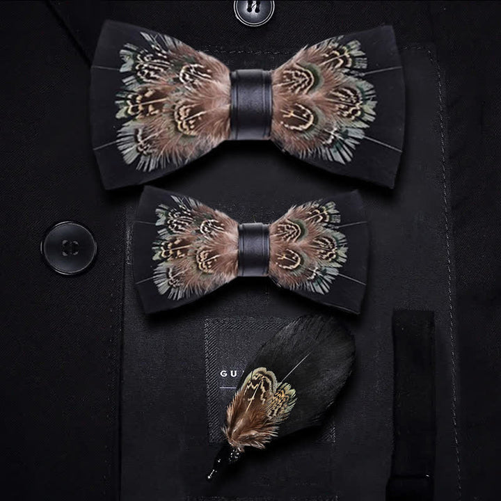 Black & Brown Rich Pheasant Feather Bow Tie with Lapel Pin - Parent-Child Set - image 5
