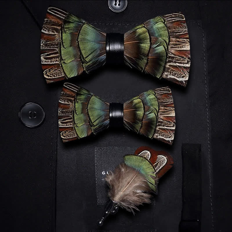 Brown & Green Forest Retro Feather Bow Tie with Lapel Pin - Parent-Child Set - image 5