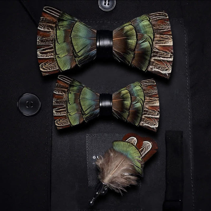 Brown & Green Forest Retro Feather Bow Tie with Lapel Pin - Parent-Child Set - image 5