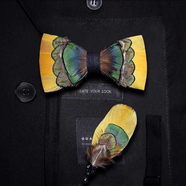 Bright Yellow & Green Peacock Feather Bow Tie with Lapel Pin - Kid - image 5