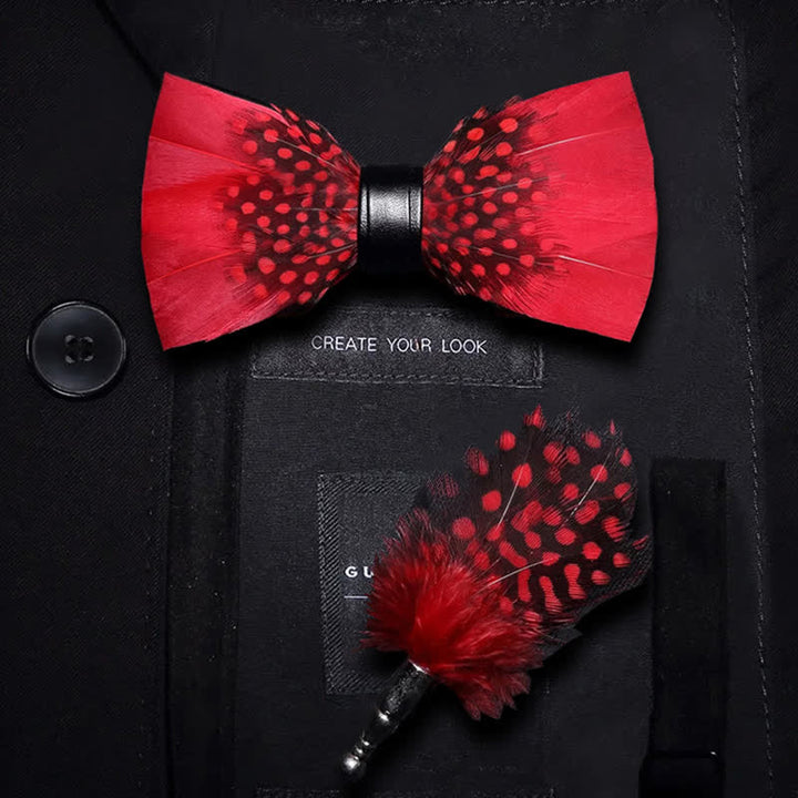 Red & Black Finch Feather Bow Tie with Lapel Pin - Adult - image 0