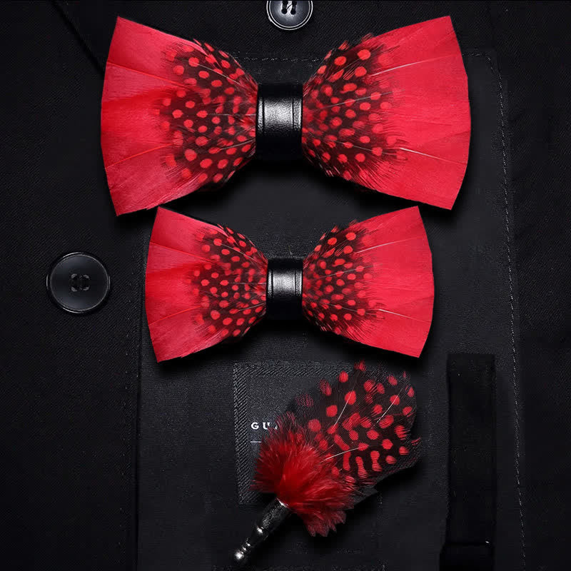 Red & Black Finch Feather Bow Tie with Lapel Pin - Parent-Child Set - image 8