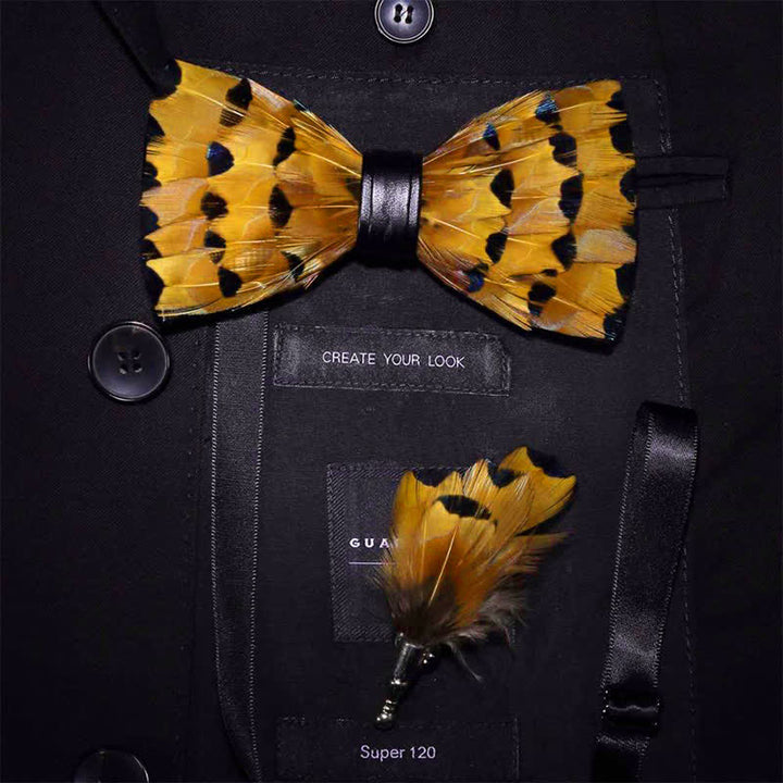 Yellow & Gold Finch Tail Feather Bow Tie with Lapel Pin - Adult - image 0