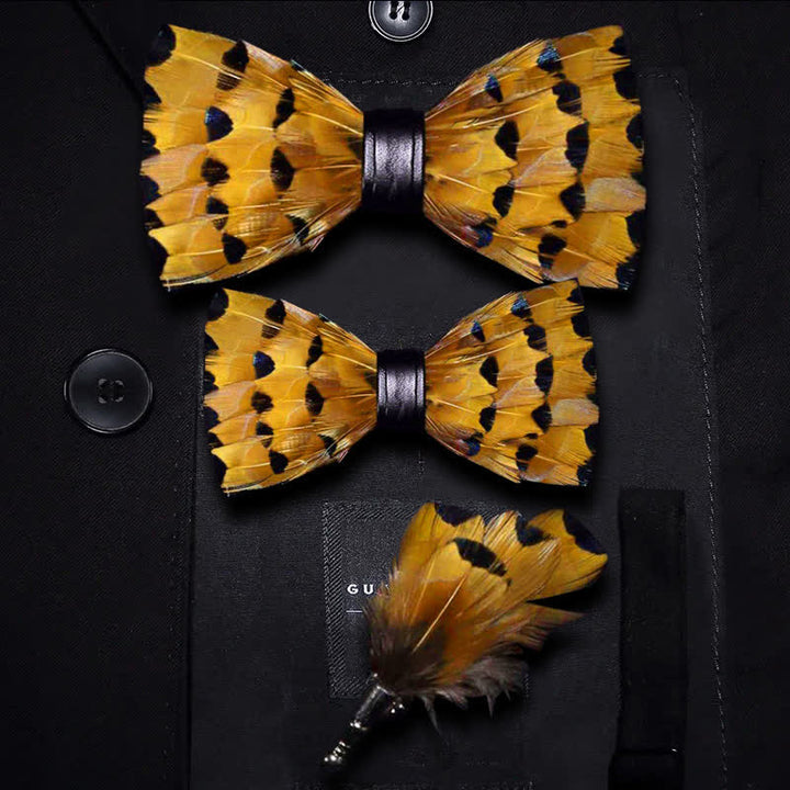 Yellow & Gold Finch Tail Feather Bow Tie with Lapel Pin - Parent-Child Set - image 4