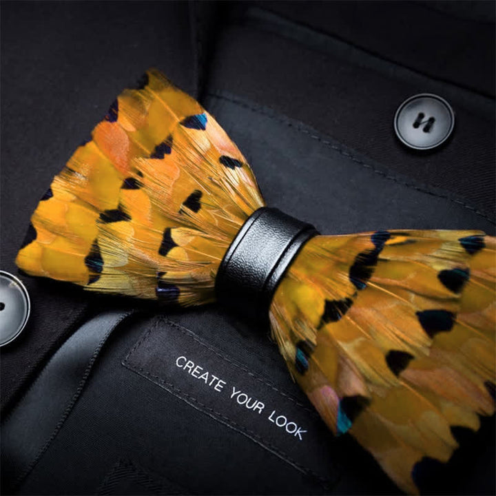 Yellow & Gold Finch Tail Feather Bow Tie with Lapel Pin - image 1