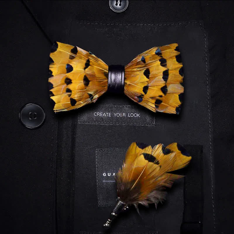 Yellow & Gold Finch Tail Feather Bow Tie with Lapel Pin - Kid - image 3