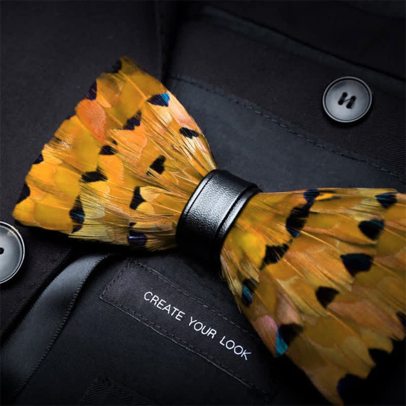 Yellow & Gold Finch Tail Feather Bow Tie with Lapel Pin - image 1