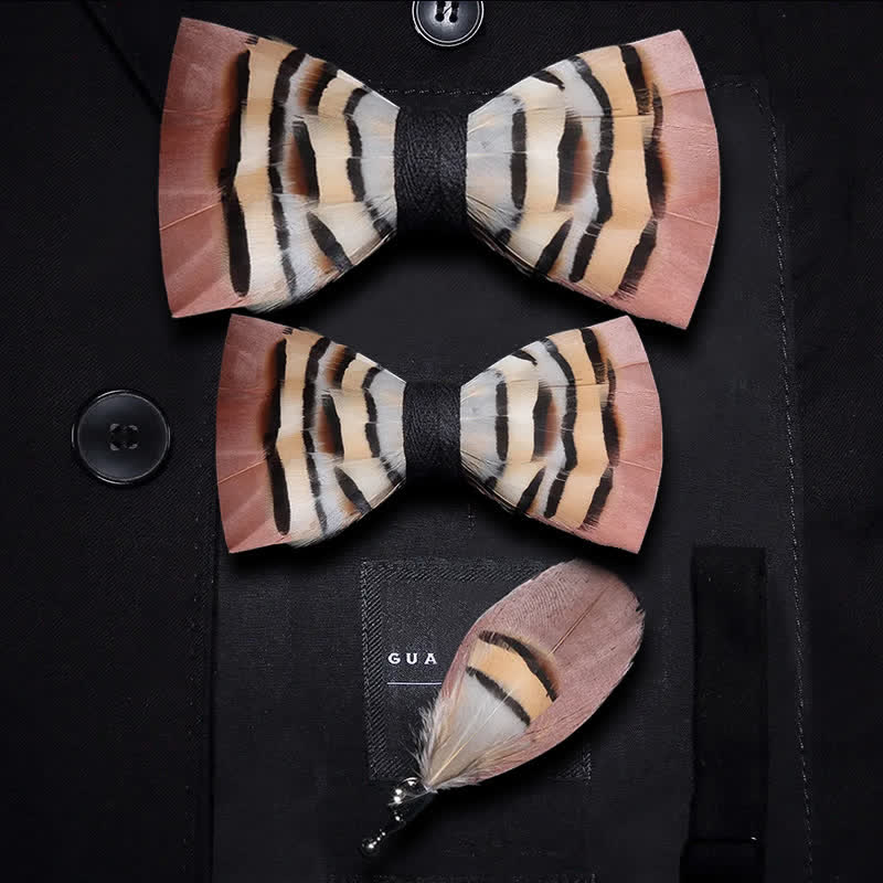 Brown & LightCoral Genius Chinchilla Feather Bow Tie with Lapel Pin - Parent-Child Set - image 6