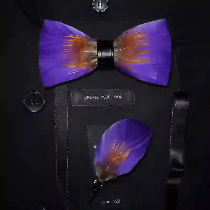 Purple & Orange Embellished Feather Bow Tie with Lapel Pin - Adult - image 0