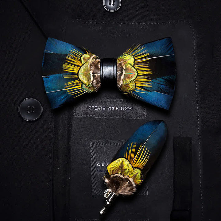 Blue & Yellow Peacock Feather Bow Tie with Lapel Pin - Kid - image 4