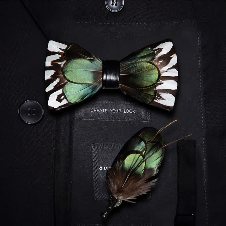 ForestGreen & White Feather Bow Tie with Lapel Pin - Kid - image 4