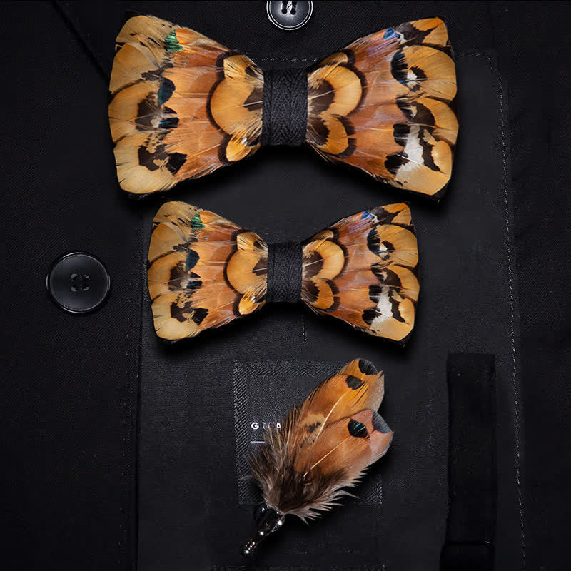 Beige & Gold Pheasant Feather Bow Tie with Lapel Pin - Parent-Child Set - image 5