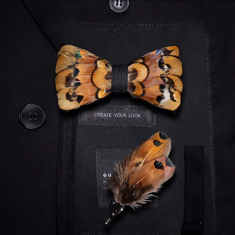 Beige & Gold Pheasant Feather Bow Tie with Lapel Pin - Kid - image 4