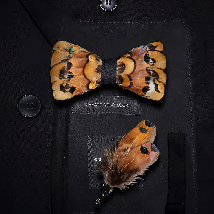 Beige & Gold Pheasant Feather Bow Tie with Lapel Pin - Kid - image 4