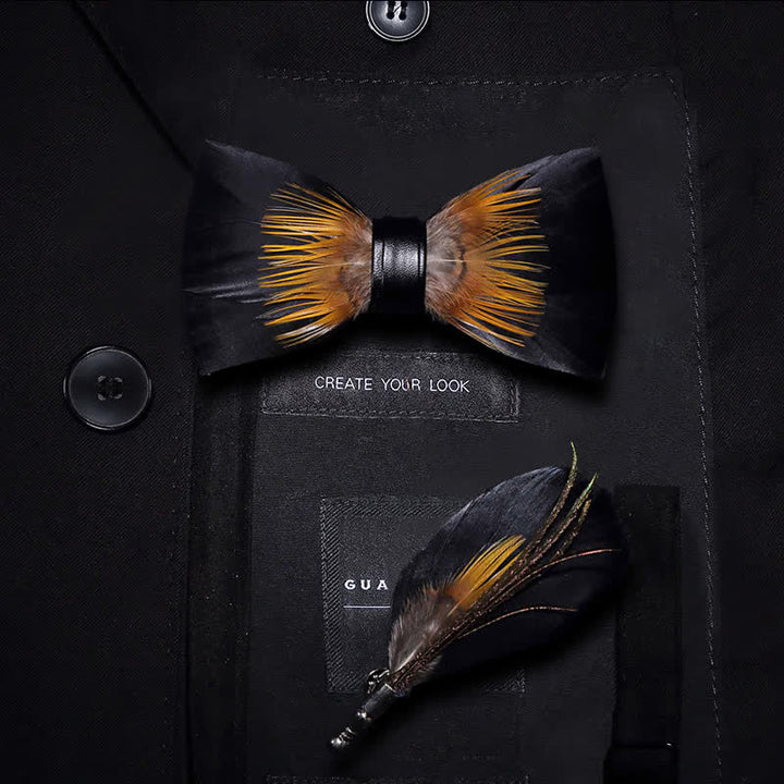 Orange & Black Sunflower Feather Bow Tie with Lapel Pin - Kid - image 6