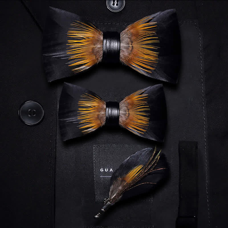 Orange & Black Sunflower Feather Bow Tie with Lapel Pin - Parent-Child Set - image 7