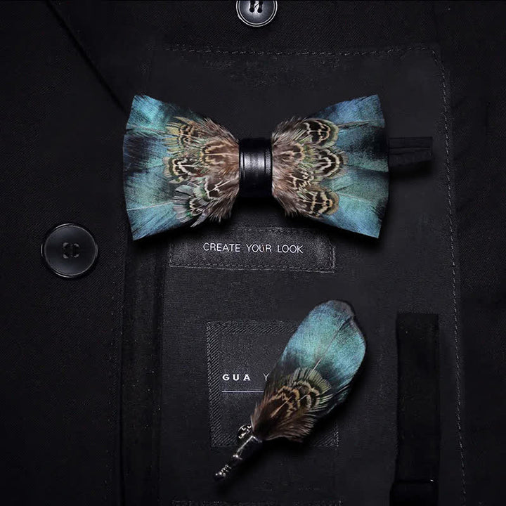 Green & Brown Vintage Feather Bow Tie with Lapel Pin - Kid - image 7