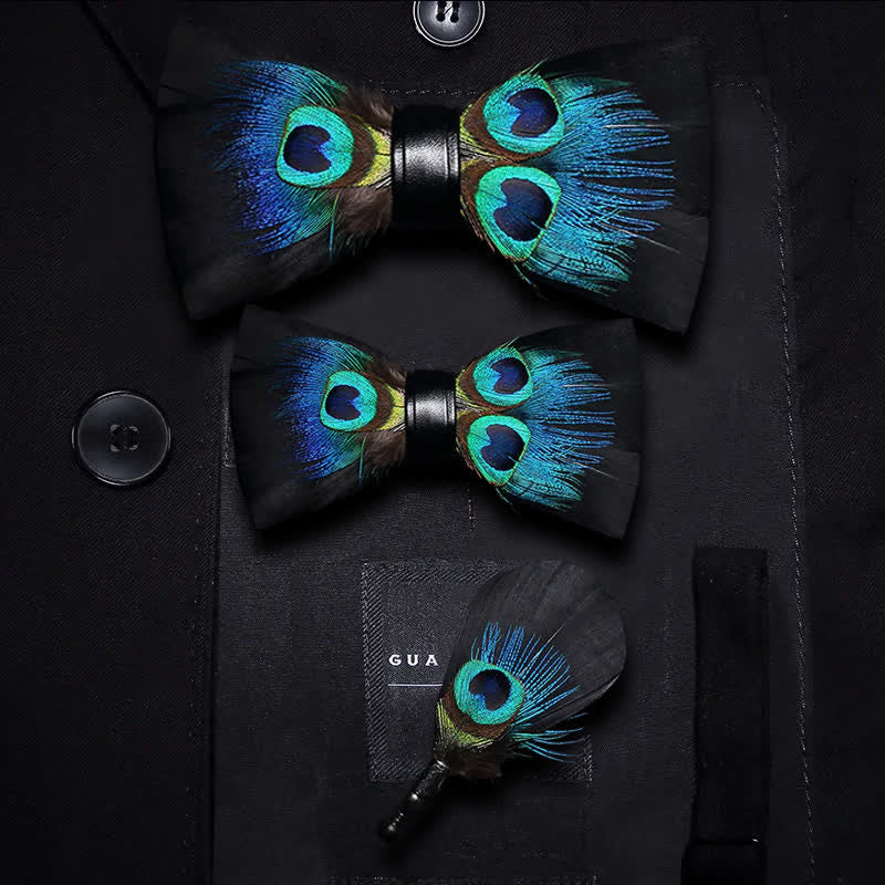 Black & Blue Peacock Eye Feather Bow Tie with Lapel Pin - Parent-Child Set - image 6