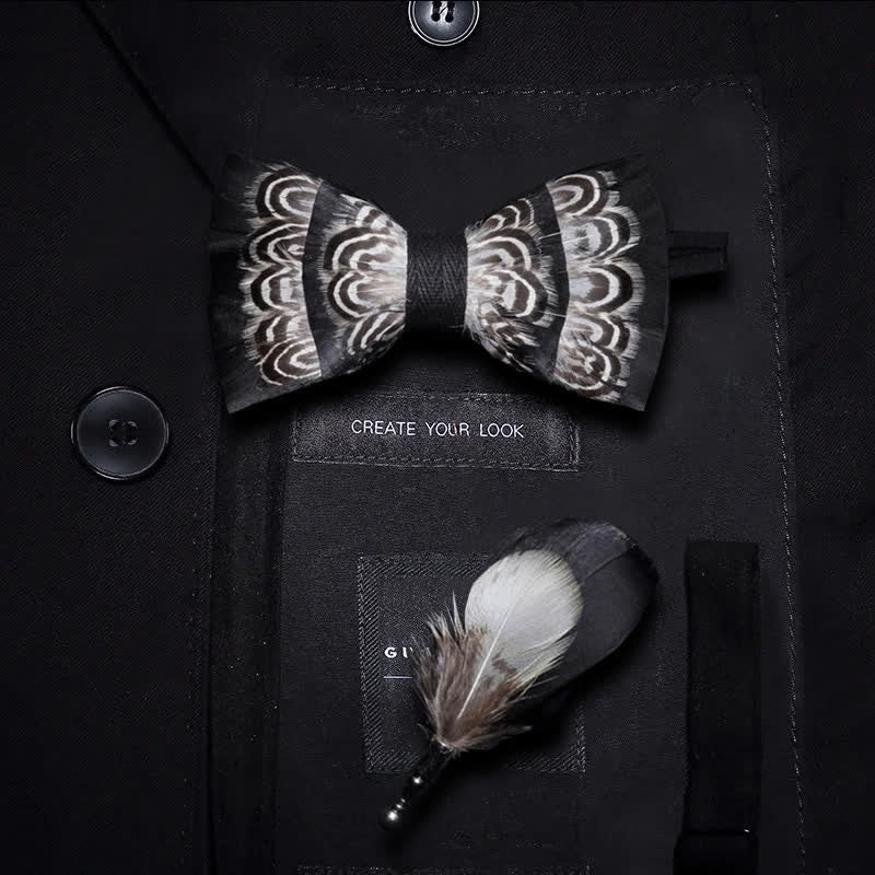 Black & White Tiger Stripes Feather Bow Tie with Lapel Pin - Kid - image 3
