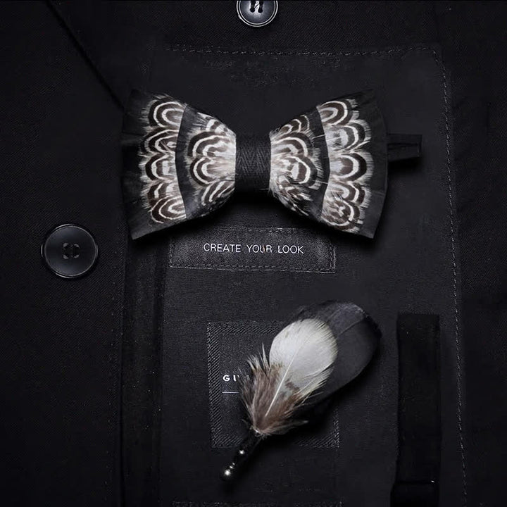 Black & White Tiger Stripes Feather Bow Tie with Lapel Pin - Kid - image 3