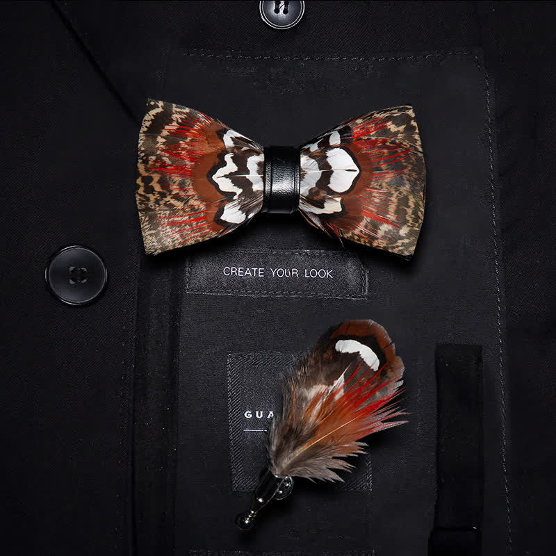Brown & Red Feather Bow Tie with Lapel Pin - Kid - image 4