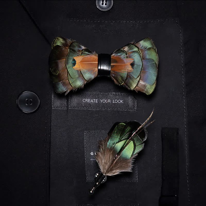 Emerald Green & Gold Feather Bow Tie with Lapel Pin - Kid - image 5