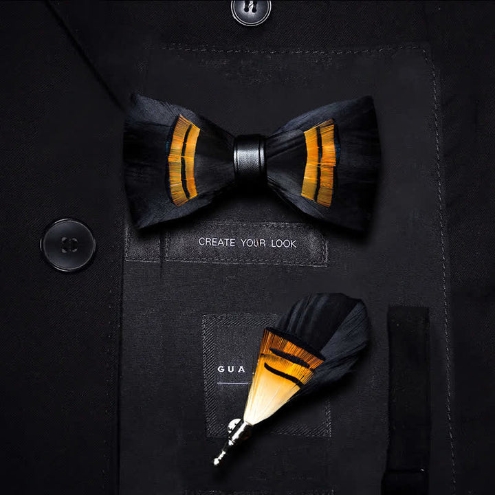 Black & Orange Midnight Feather Bow Tie with Lapel Pin - Kid - image 4