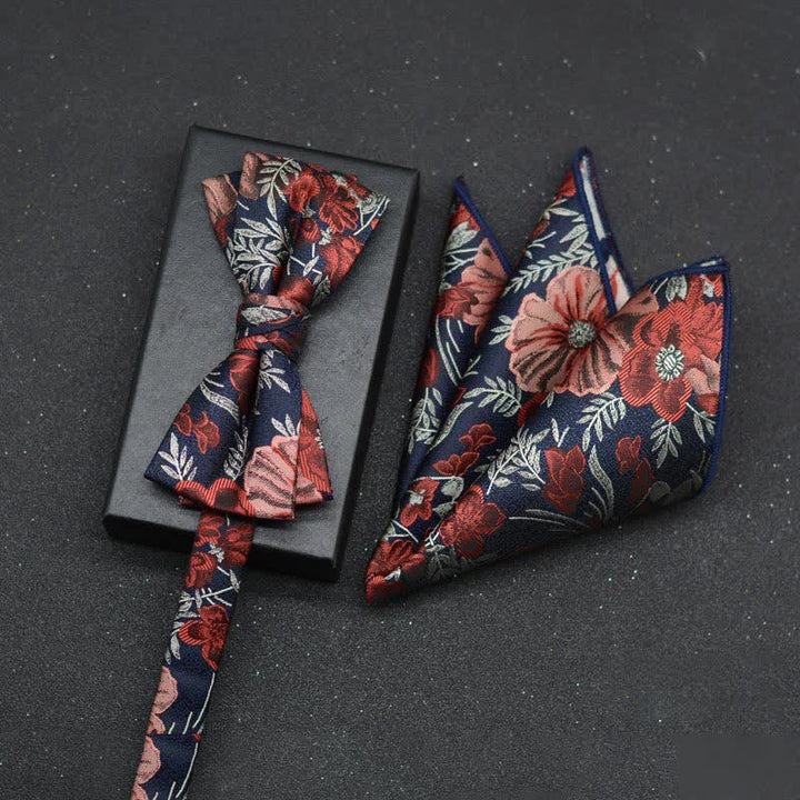 2Pcs Men's Elegant Floral Bow Tie Handkerchief Set - Style #1 - image 2