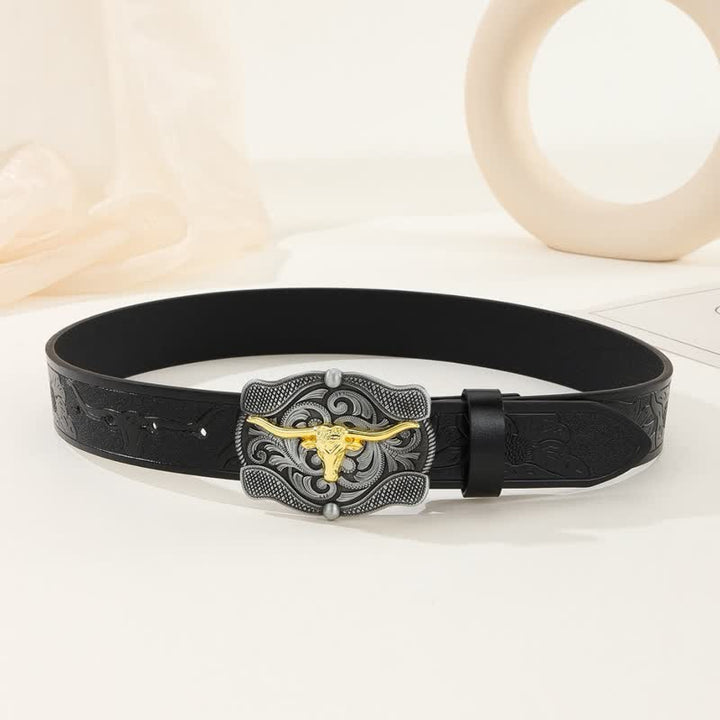 Men's Square Golden Longhorn Bull Leather Belt - image 20